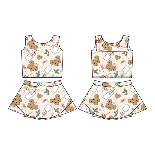 7.18Preorder (moq 5)Baby Girls Sleeveless Mouse Cookie Milk Holly Vests Top Skorts Set