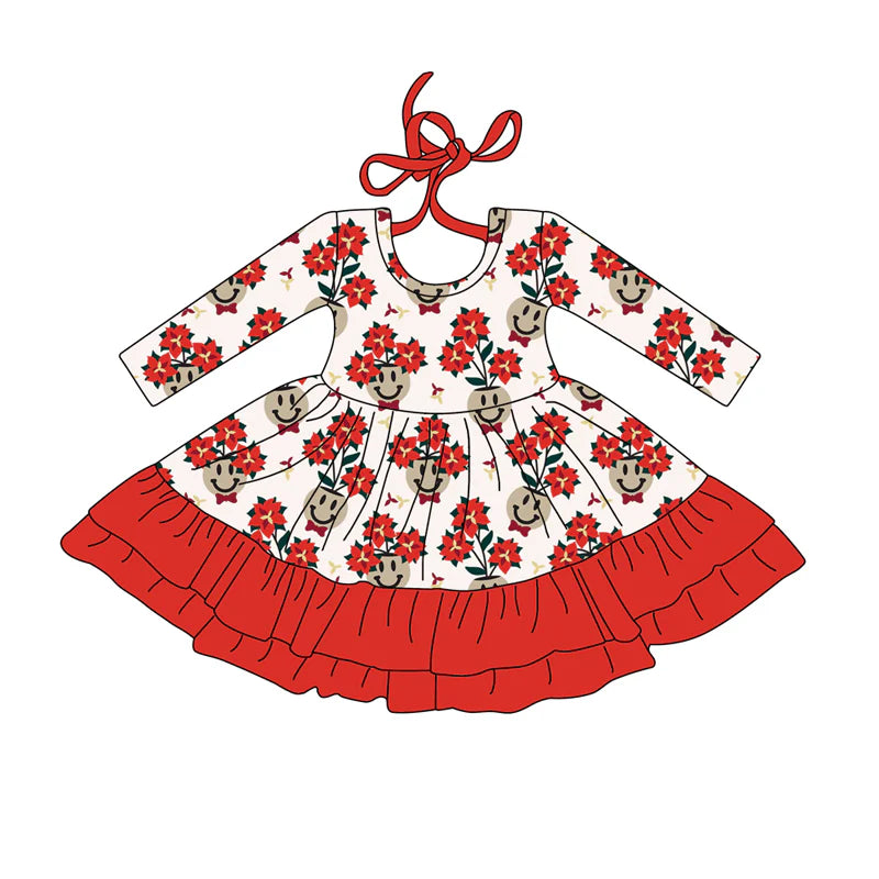 X917 (moq 5)Baby Girls Long Sleeves Red Flowers Smiles Plaid Ruffle Knee Length Dress