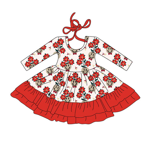 X917 (moq 5)Baby Girls Long Sleeves Red Flowers Smiles Plaid Ruffle Knee Length Dress