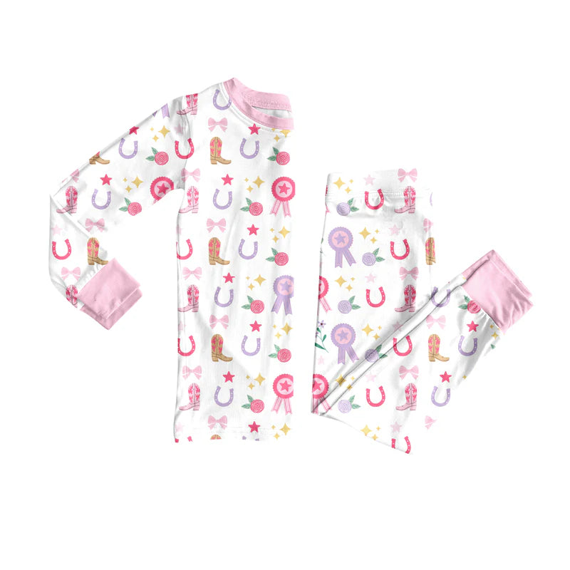 X8.14Baby Girls Western Rodeo Stars Bows Top Pants Lounge Wear Pajamas Sets