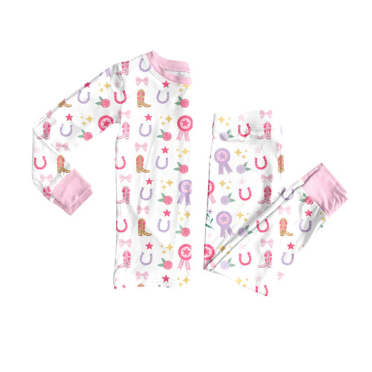 X8.14Baby Girls Western Rodeo Stars Bows Top Pants Lounge Wear Pajamas Sets
