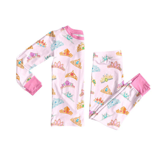 X925Preorder (moq 5)Baby Girls Colorful Crowns Top Pants Pajamas Sets