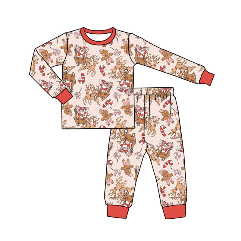 7.30Preorder(moq 5) Baby Boys Long Sleeves Christmas Santa Gingerbread Top Pants Pajamas Set