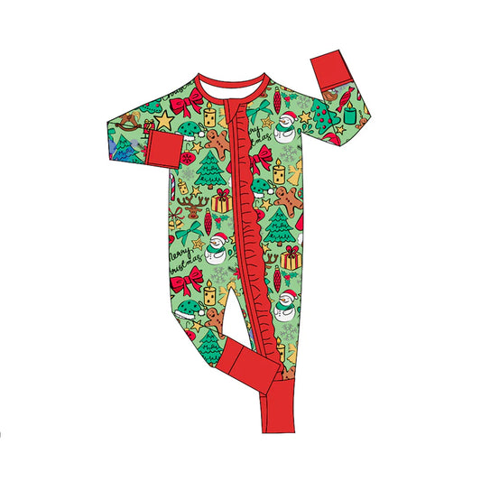 8.6Preorder(moq 5)Baby Infant Girls Long Sleeves Christmas Trees Gingerbread Zipper Rompers