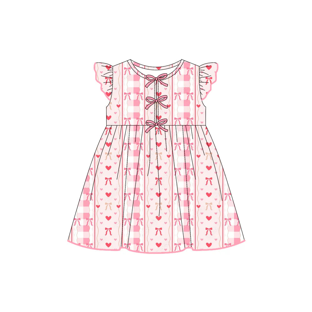 7.21Preorder (moq 5)Baby Girls Flutter Sleeves Pink Bows Hearts Stripes Knee Length Dresses