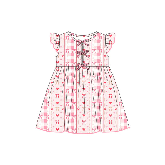 7.21Preorder (moq 5)Baby Girls Flutter Sleeves Pink Bows Hearts Stripes Knee Length Dresses