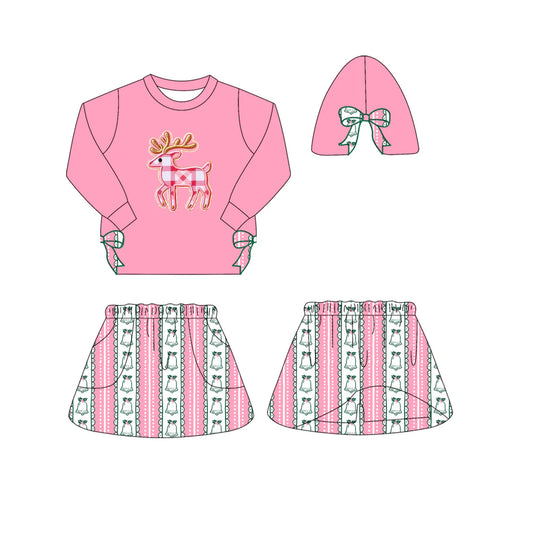 7.11Preorder (moq 5)Baby Girls Pink Long Sleeves Bows Deer Top Flowers Stripes Skorts Clothes Set