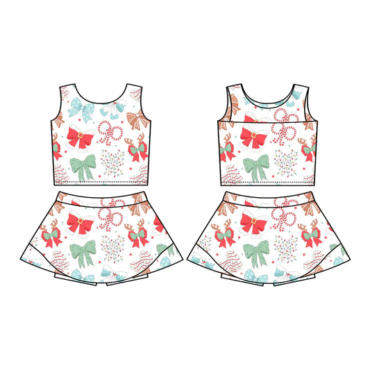 7.18Preorder (moq 5)Baby Girls Sleeveless Candy Cane Bows Vest Top Skorts Set