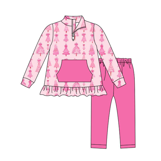 7.21Preorder (moq 5)Baby Girls Long Sleeves Pink Bows Trees Pocket Zipper Top Legging Pants Set