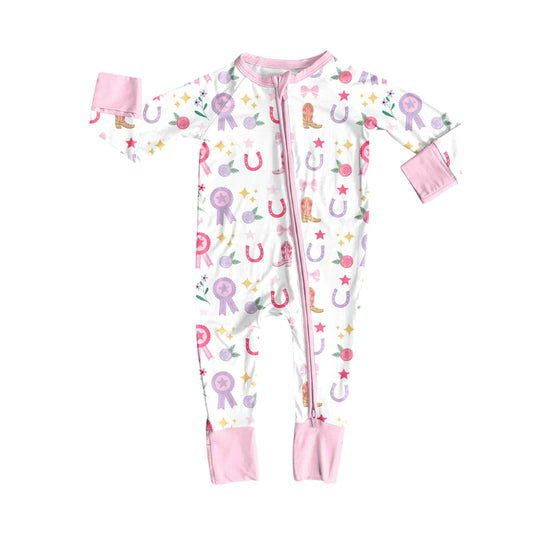 X8.14Baby Girls Western Rodeo Stars Bows Zipper Footie Rompers