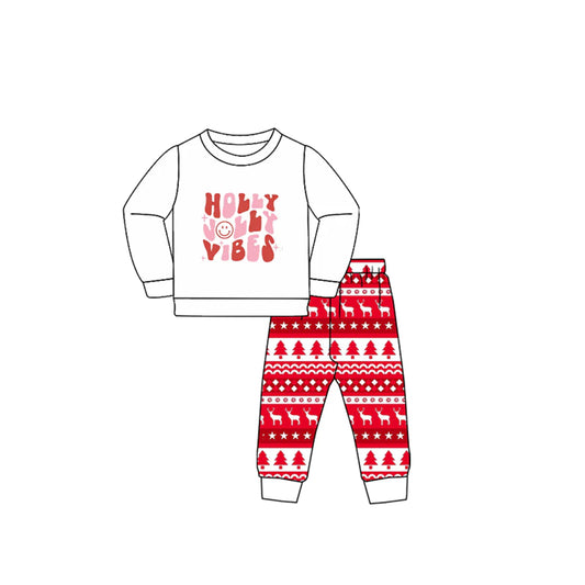 7.31preorder(moq 5) Baby Boys Long Sleeves Holly Top Deer Trees Stripe Pants Set