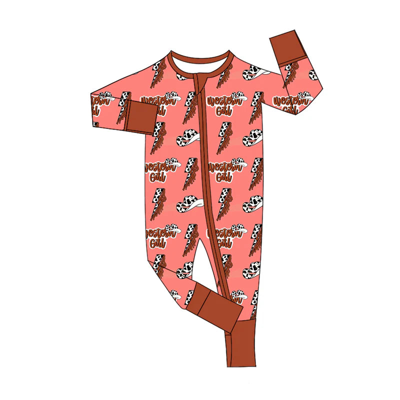 8.6Preorder(moq 5)Baby Infant Boys Long Sleeves Western Girl Cow Print Lights Zipper Rompers