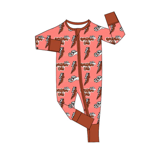 8.6Preorder(moq 5)Baby Infant Boys Long Sleeves Western Girl Cow Print Lights Zipper Rompers