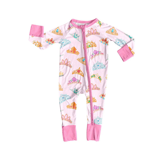 X924Preorder (moq 5)Baby Girls Colorful Crowns Zipper Footie Rompers