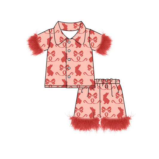 X919Preorder (moq 5)Baby Girls Red Rabbits Bows Button Top Shorts Easter Fur Pajamas Sets