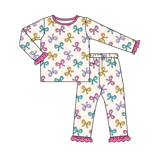 8.4Preorder (moq 5)Baby Girls Colorful Bows Plaid Top Ruffle Pant Pajamas Set