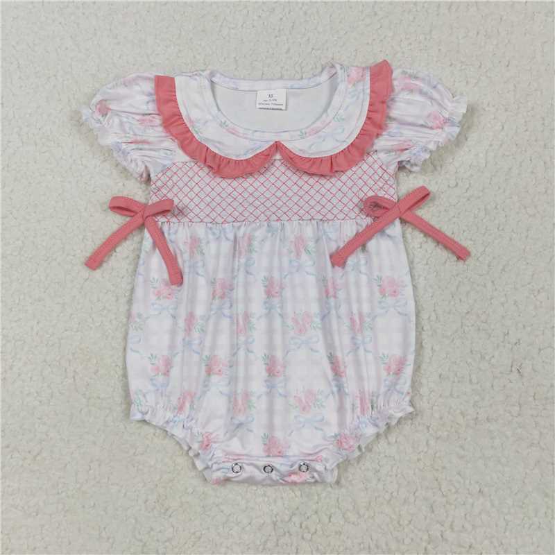 4.28 SR2917 Embroidered flower blue bow pattern pink plaid short-sleeved babydoll collar bodysuit