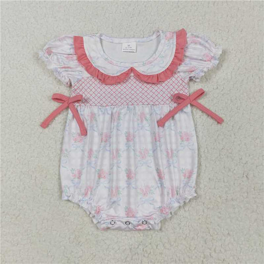 4.28 SR2917 Embroidered flower blue bow pattern pink plaid short-sleeved babydoll collar bodysuit