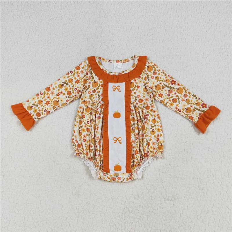 7.8  LR2228 Embroidered bow pumpkin flower leaf orange lace long-sleeved jumpsuit