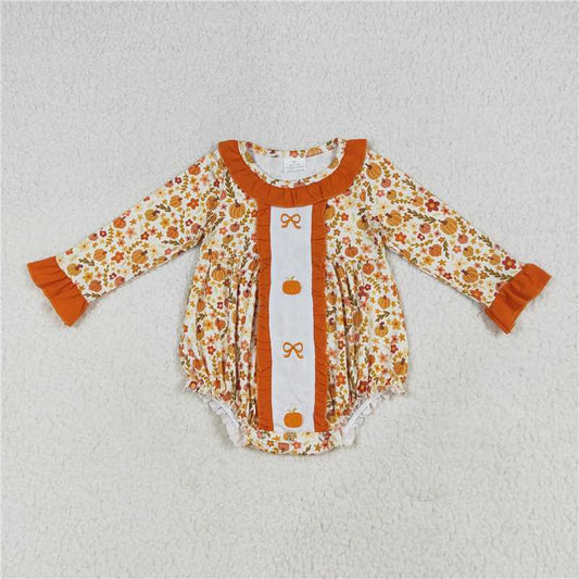 7.8  LR2228 Embroidered bow pumpkin flower leaf orange lace long-sleeved jumpsuit
