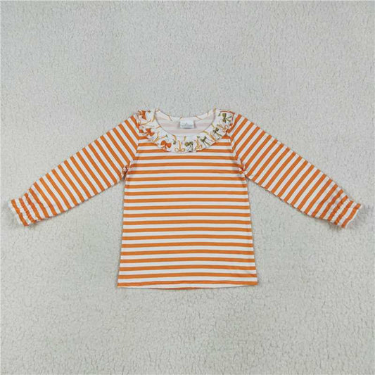 7.8  GT1074 Orange striped bow pattern lace long-sleeved top