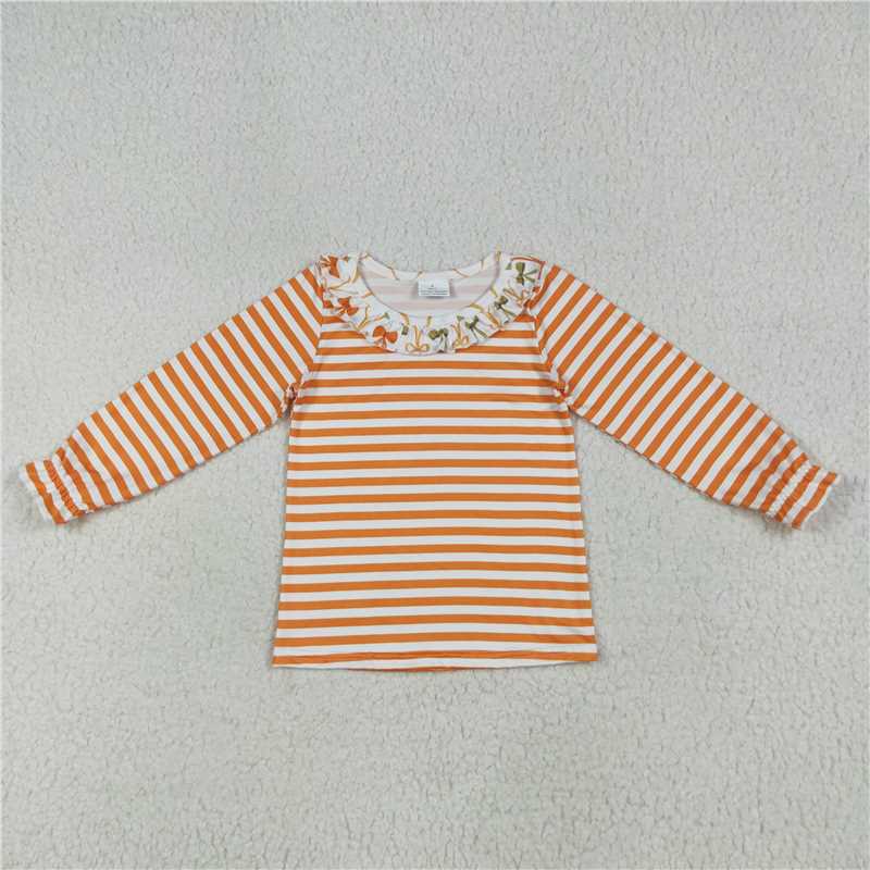 7.24  GT1074 Orange striped bow pattern lace long sleeve top