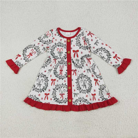 7.8 GLD1082 Christmas wreath bow pattern red lace button long sleeve dress