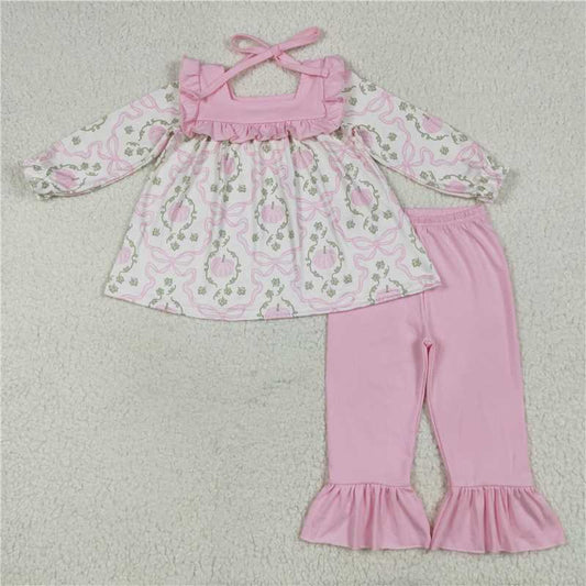 7.24 GLP2397 Pumpkin leaf pink bow pattern lace straps long sleeve trousers set