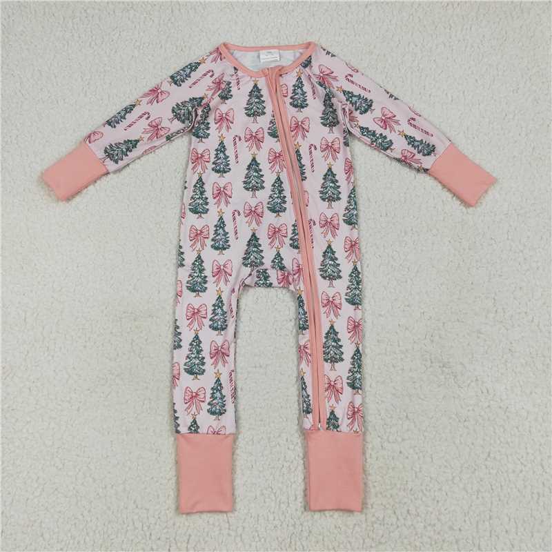 7.8 LR2283 Pink zip-up long-sleeved bodysuit with Christmas tree and bow pattern