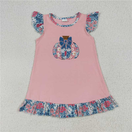 7.23GSD2585 Embroidered flower bow pumpkin pink flying sleeve dress