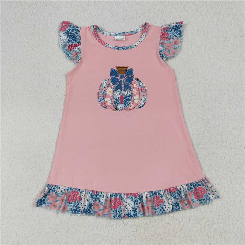 8.7  GSD2585 Embroidered floral and bow pumpkin pink dress with flying sleeves