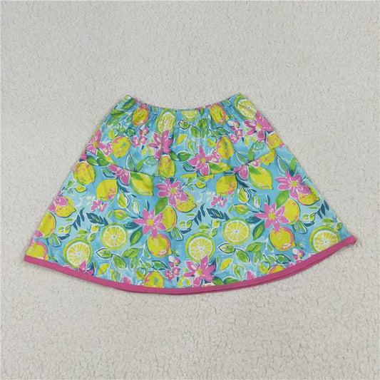 X11.8 GLK0100 Floral Fruit Lemon Blue-Green Midi Skirt
