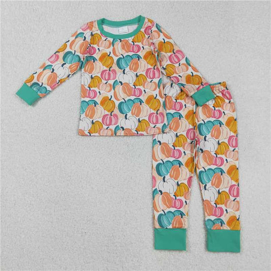 X108  GLP2691 Beige pumpkin pattern long-sleeved and long-pants pajama set