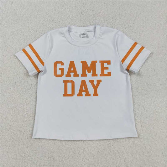 X915 GT1116 Game Day orange short-sleeved yoga top with offset lettering and stripes