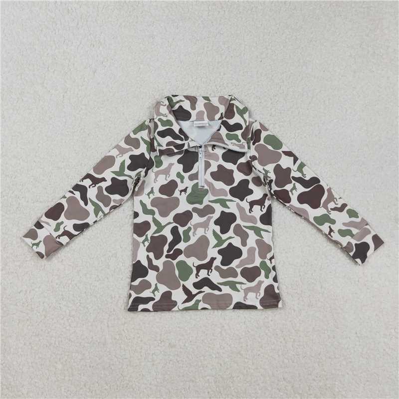 X918 BT0955 Duck and Puppy Camo Zippered Long-Sleeved Top