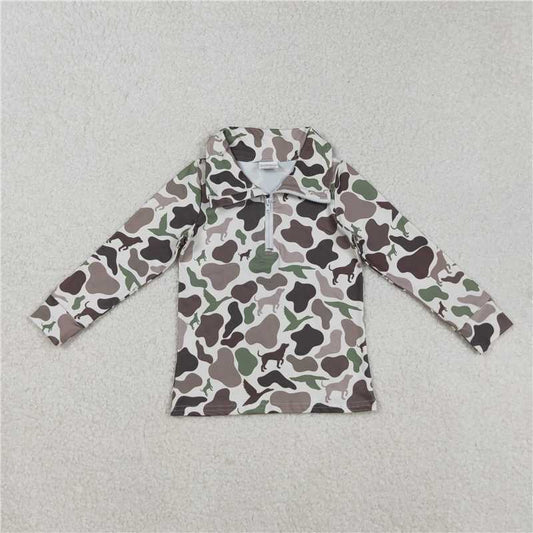 X918 BT0955 Duck and Puppy Camo Zippered Long-Sleeved Top