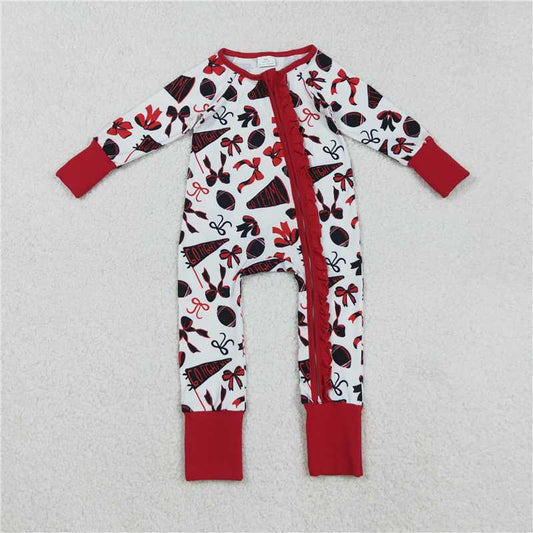 X916  LR2512 Football flared bow pattern red lace zippered long-sleeved bodysuit