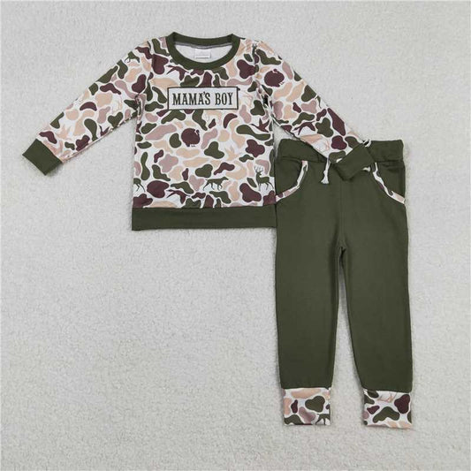 X12.10 BLP1338 Embroidered Mama's Boy Duck and Puppy Camouflage Long-Sleeve Pants Set