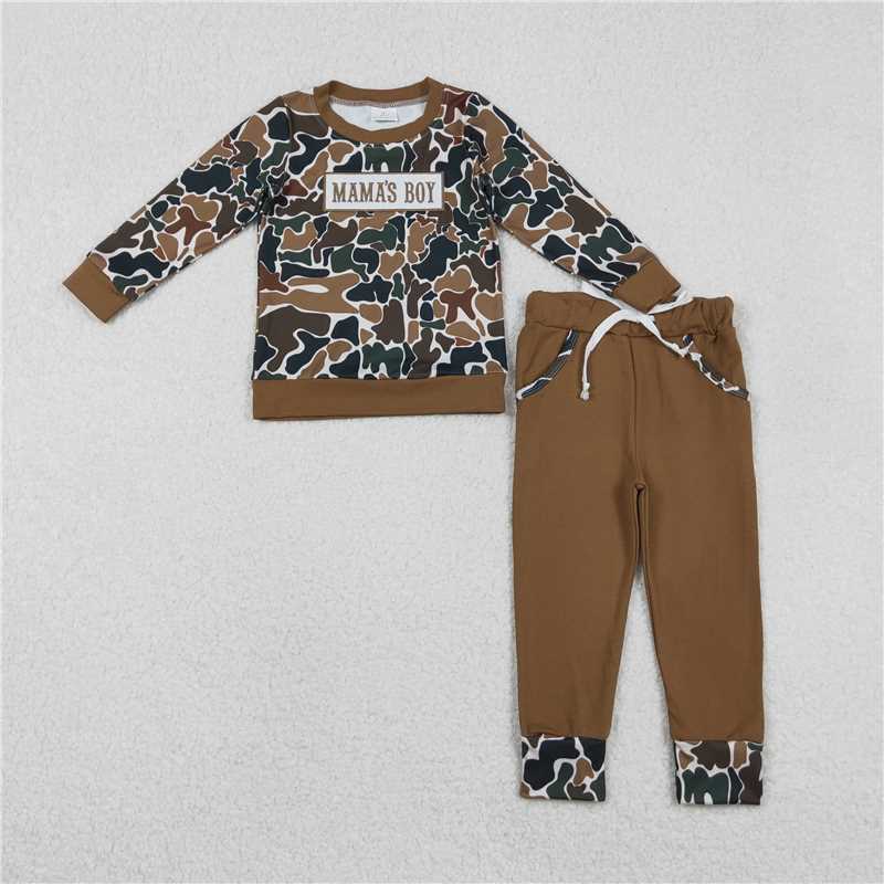 X12.9 BLP1337 Embroidered Mama's Boy Brown-Green Camouflage Beige Long-Sleeve Pants Set