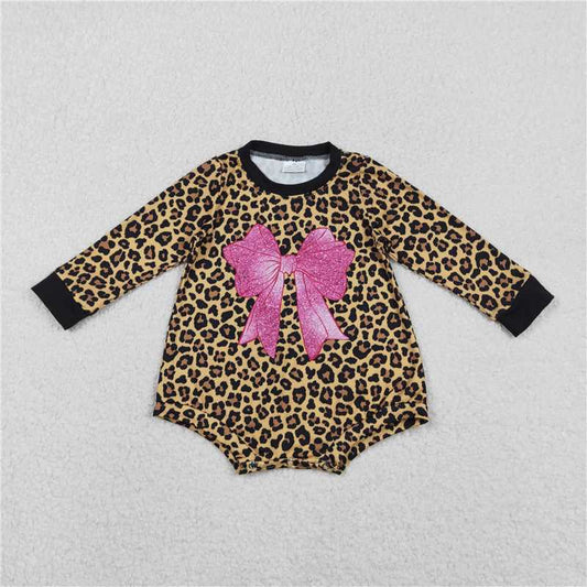 X12.4  LR2775 Pink Bow Pattern Leopard Print Brown Long-Sleeved Jumpsuit