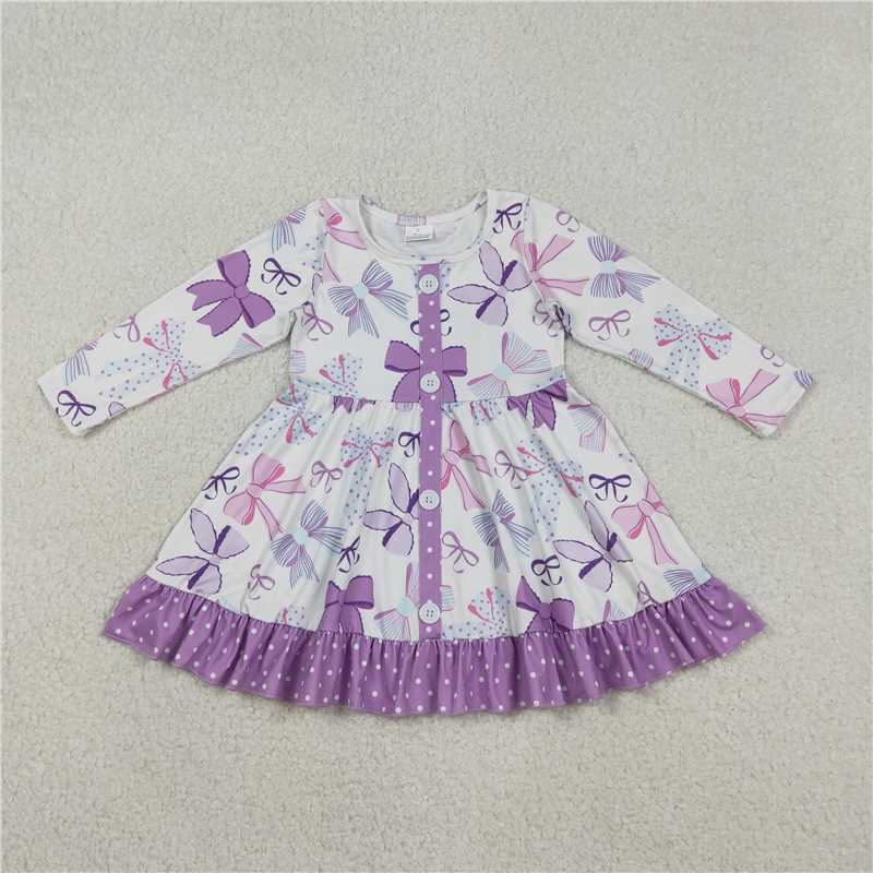 X12.4 GLD1271 Purple Polka Dot Lace Button Long-Sleeved Dress with Bow Pattern