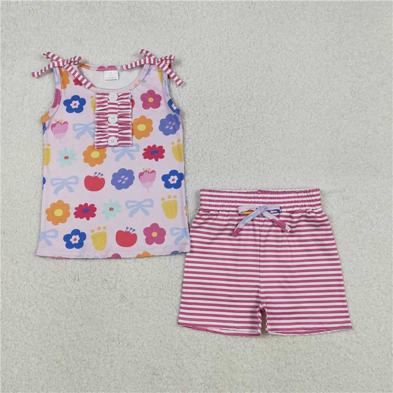 X12.5  GSSO2830 Colorful Floral Button Sleeveless Pink Striped Shorts Set