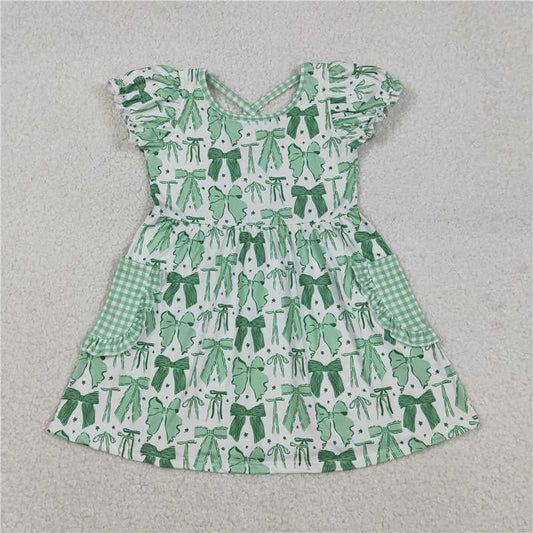 X12.23  GSD2903 White short-sleeved dress with four-leaf clover green bow pattern, plaid lace pockets
