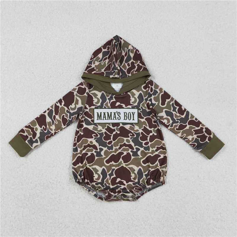 x12.12 LR2791 Embroidered Mama's Boy Brown-Green Camouflage Hooded Long-Sleeved Jumpsuit
