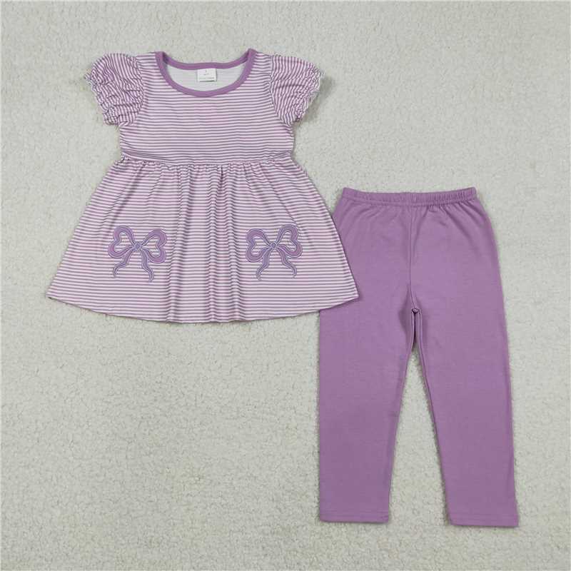x12.15 GSPO2153 Embroidered Purple Bow Striped Short-Sleeve Pants Set