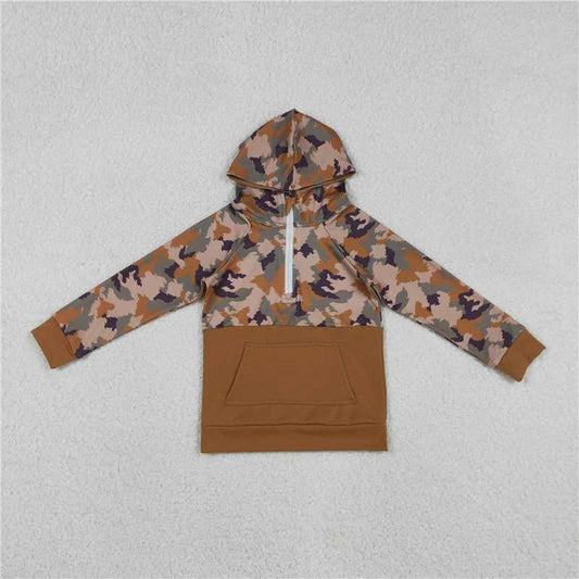 x12.13  BT0912 Camouflage Brown Zipper Pocket Hooded Long-Sleeve Top