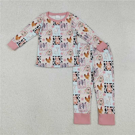 X12.24  GLP2805 Farm Animal Patchwork Floral Pink Long-Sleeved Pants Pajama Set