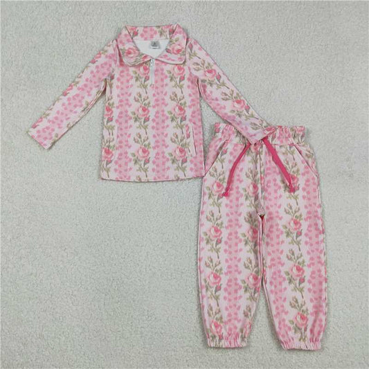 X12.24  GLP2940 Floral and Leaf Pink Pocket Zipper Long Sleeve Drawstring Pants Yoga Set