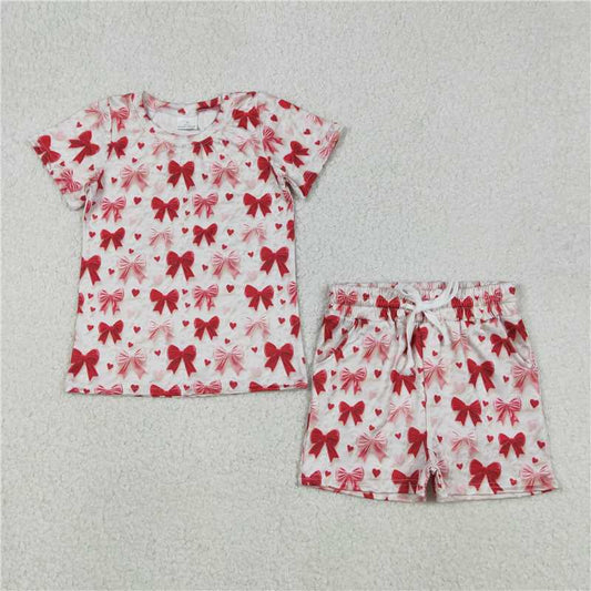 X12.5  GSSO2835 Heart-patterned Pink Bow Short-sleeved Shirt and Shorts Set