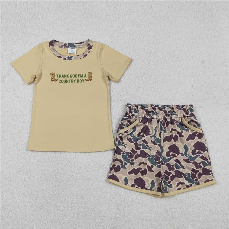 X1.10 BSSO1577 Embroidery Thank God I'm a Country Boy Boots Letter Short-Sleeve Camouflage Shorts Set